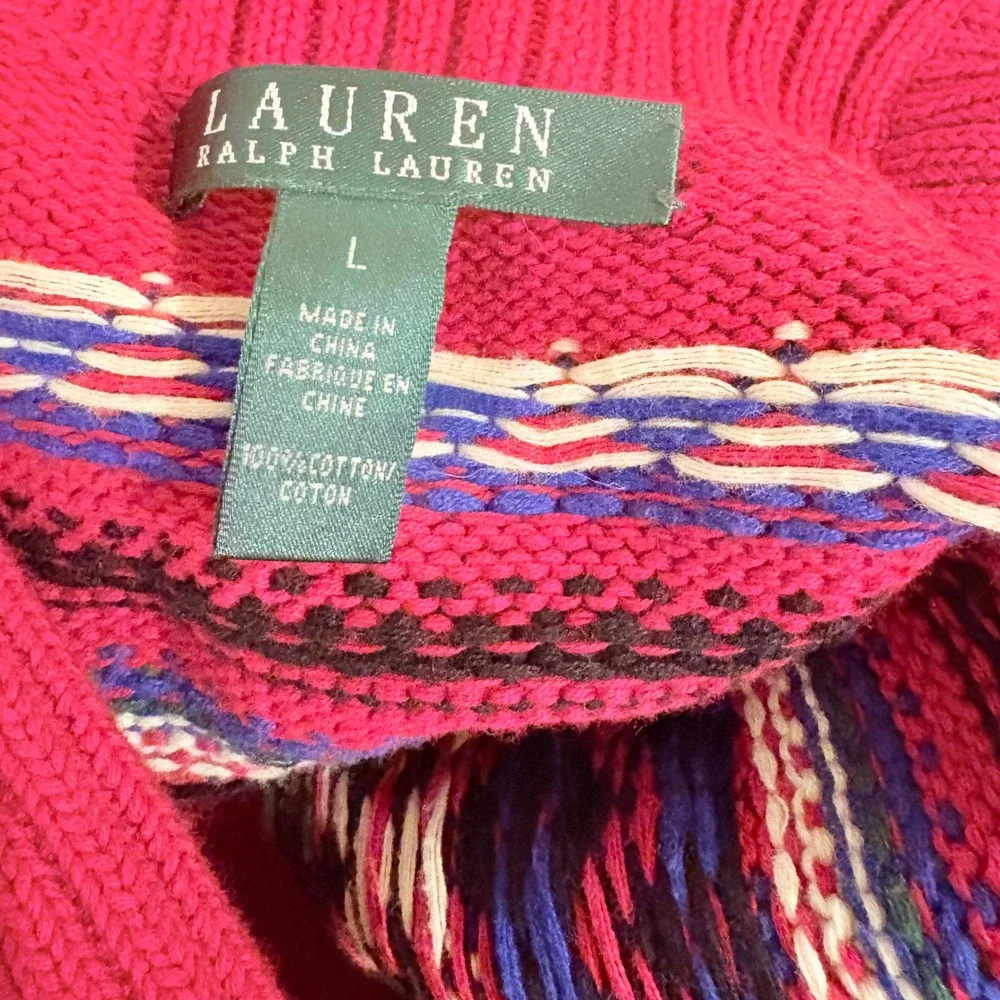 Lauren Ralph Lauren Red Fair Isle Shawl Neck Toggle Sweater L Cotton Mens
